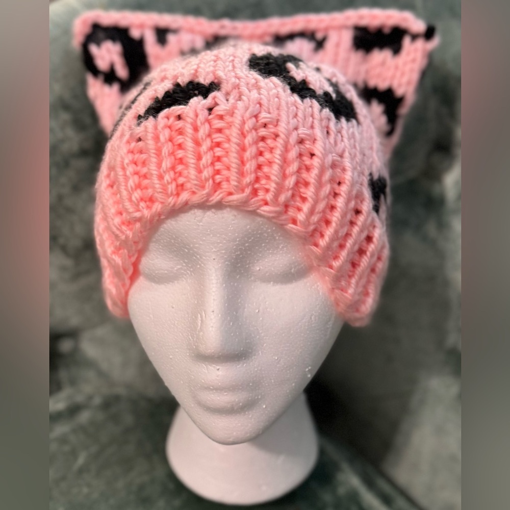Handmade Hand Crafted Knit Leopard Print Cat Hat Pink and Black - Picture 4 of 11